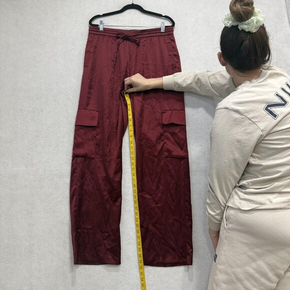 NSR Pants Womens Large Burgundy Satin Cargo Drawstring Elastic Waist Pockets - Picture 8 of 11